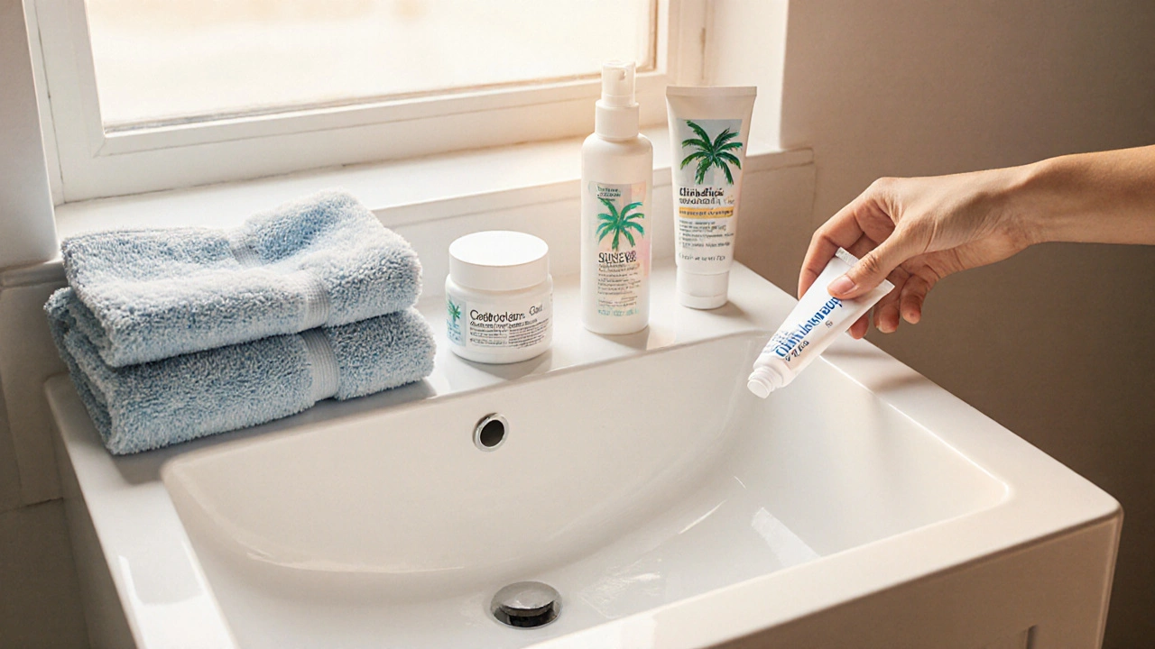 Bathroom vanity scene with clindamycin gel, benzoyl peroxide, moisturizer and sunscreen ready for use.