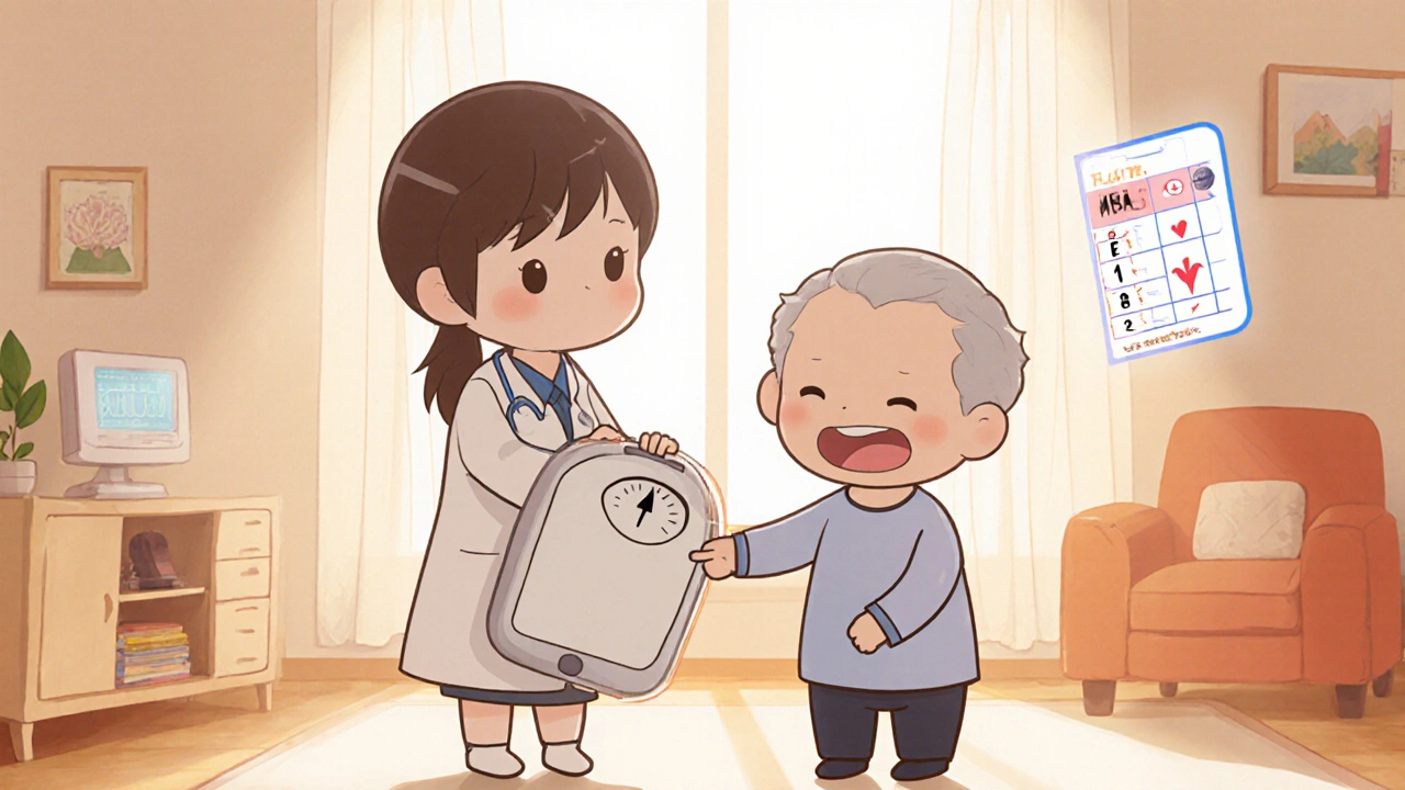 Chibi caregiver assists senior patient, showing weight scale and MMSE score improvement.