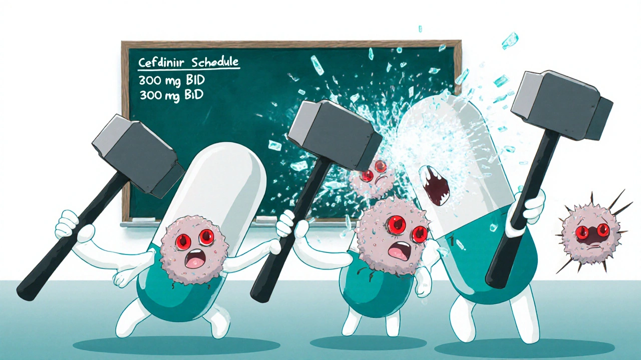 Chibi cefdinir capsules smashing cartoon bacteria cell walls.