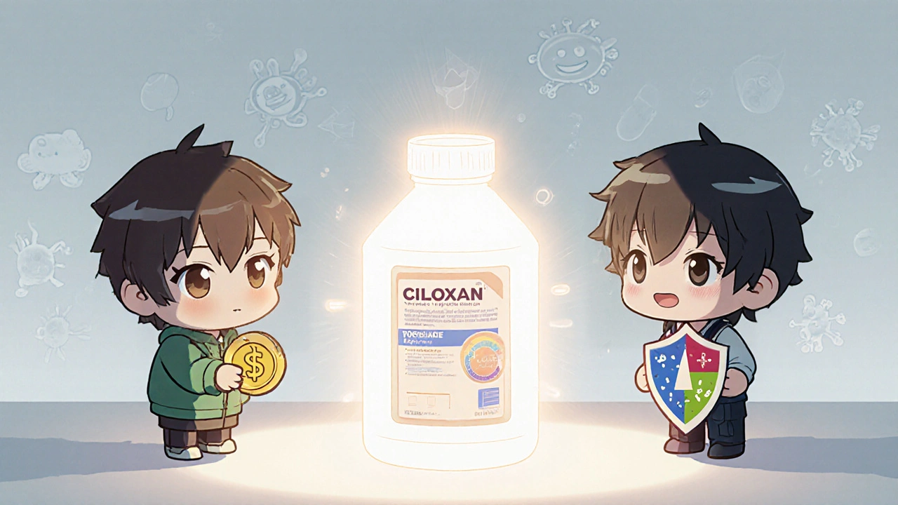 Chibi characters representing cost, tolerance, and spectrum surrounding a glowing Ciloxan bottle.