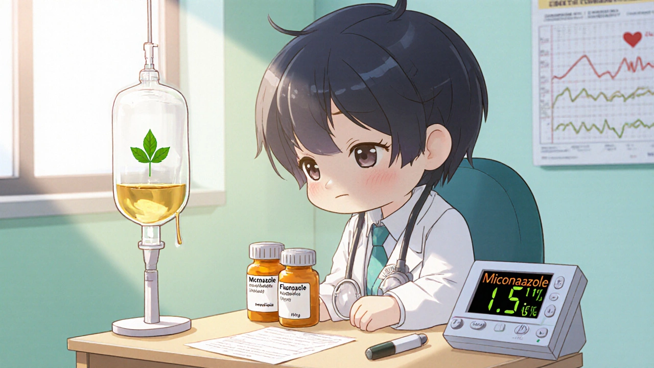 Chibi doctor comparing miconazole, fluconazole, and echinocandin bottles with IV bag and drug monitor.