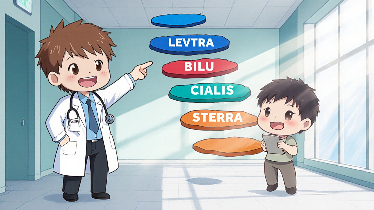 Chibi doctor guiding a patient along a colorful stone path representing different ED meds.