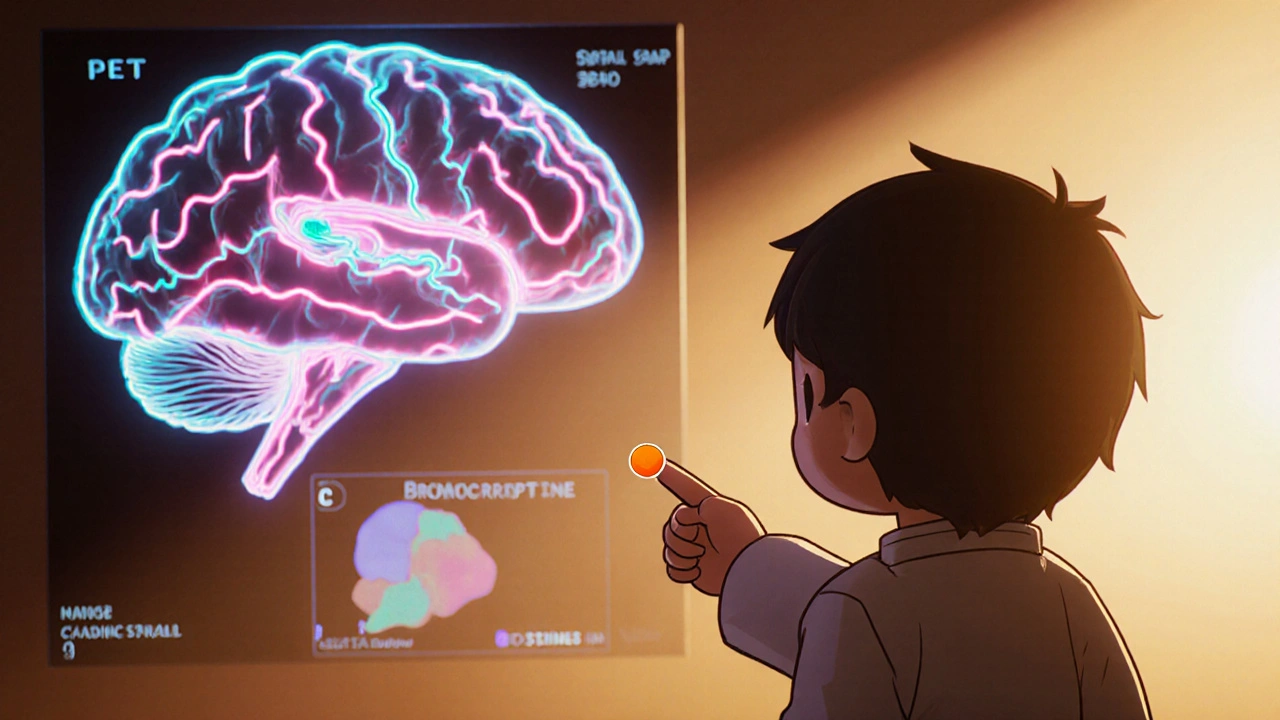 Chibi doctor offers a pill and points to a glowing brain model with dopamine pathways.