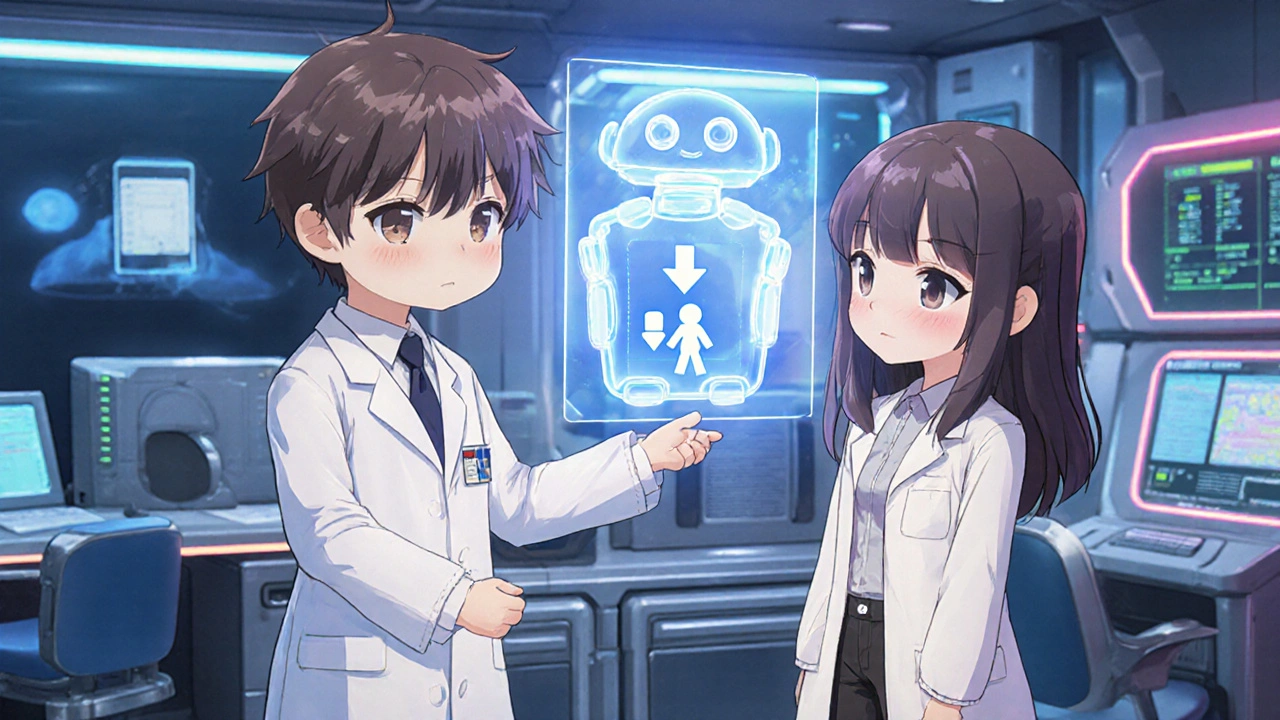Chibi doctor, patient, and AI robot discuss reduced dosage for the female patient.