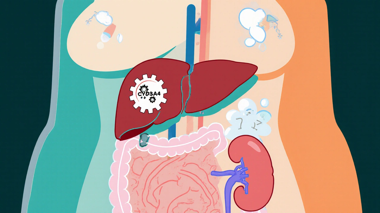 Chibi female body highlights liver with CYP3A4 icon, fat layer, and kidney showing slower clearance.