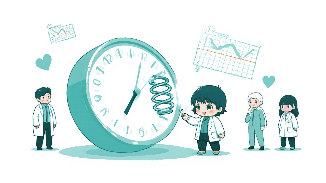 Chibi Ivabradine loosens a metronome-like heart node, showing reduced heart rate.