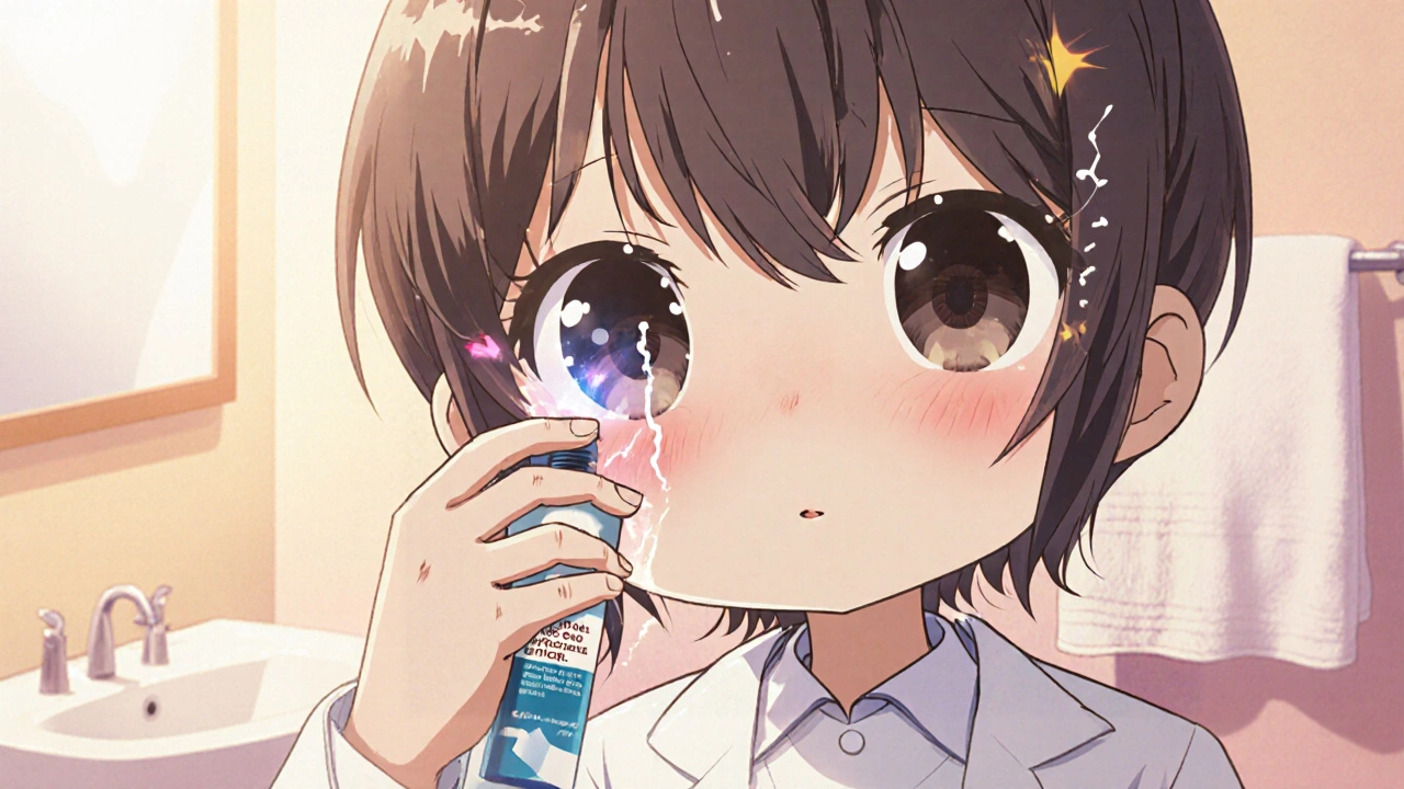 Chibi patient applying a Ciloxan eye drop with a gentle, stinging expression.