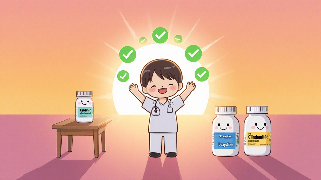 Chibi patient feeling better with three pill bottles representing antibiotic options.