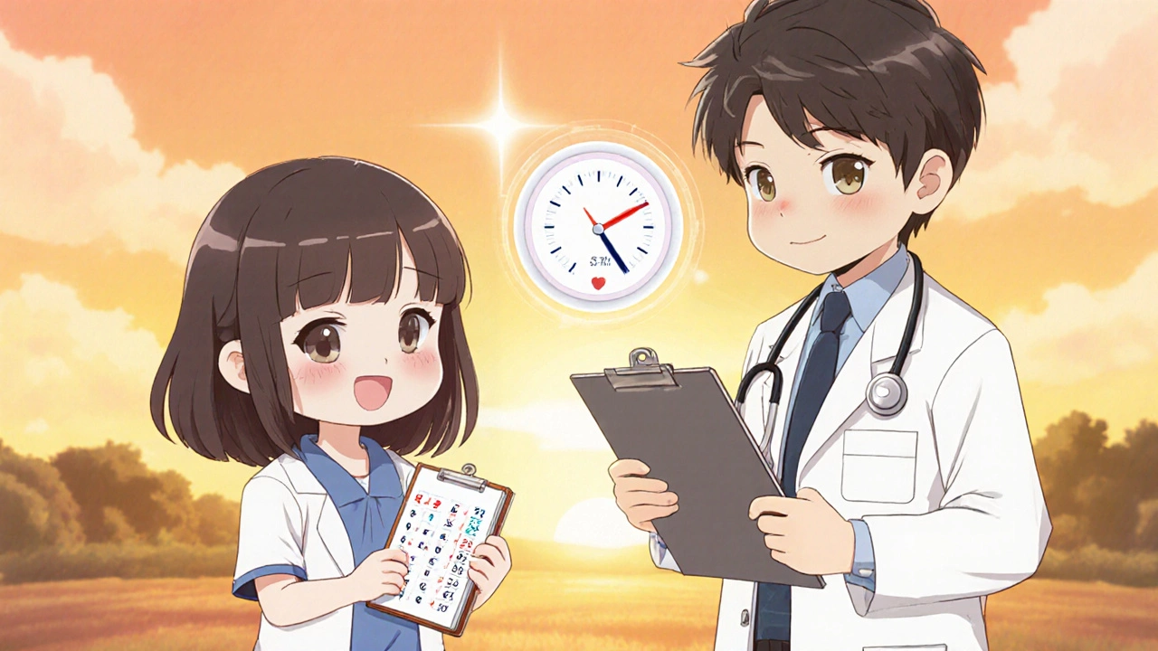 Chibi patient stands happily with a diary as a chibi doctor checks monitoring notes.