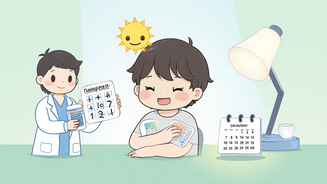 Chibi patient with a transdermal patch and dosage chart showing Rivastigmine titration.