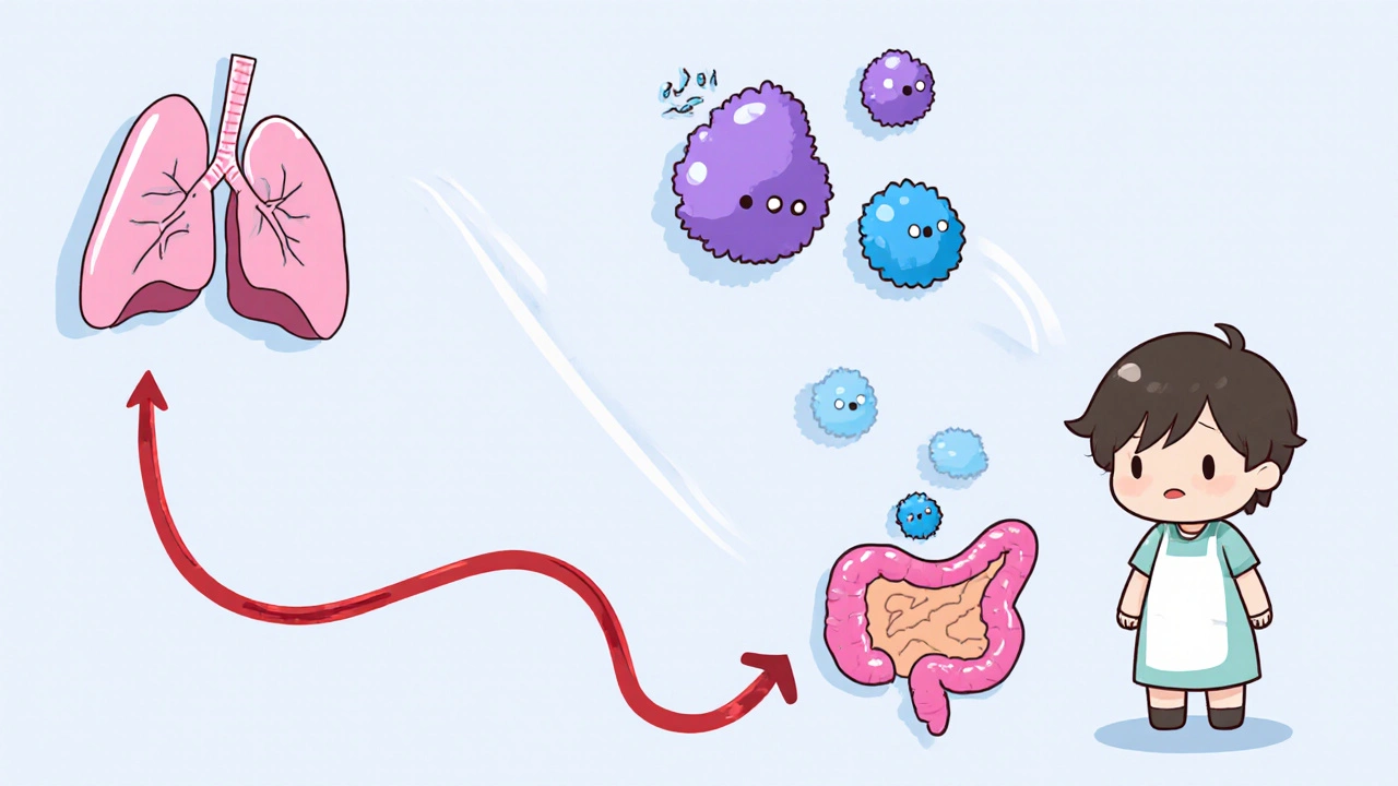 Chibi patient with bloodstream ribbon showing cartoon fungi moving from lungs and gut.