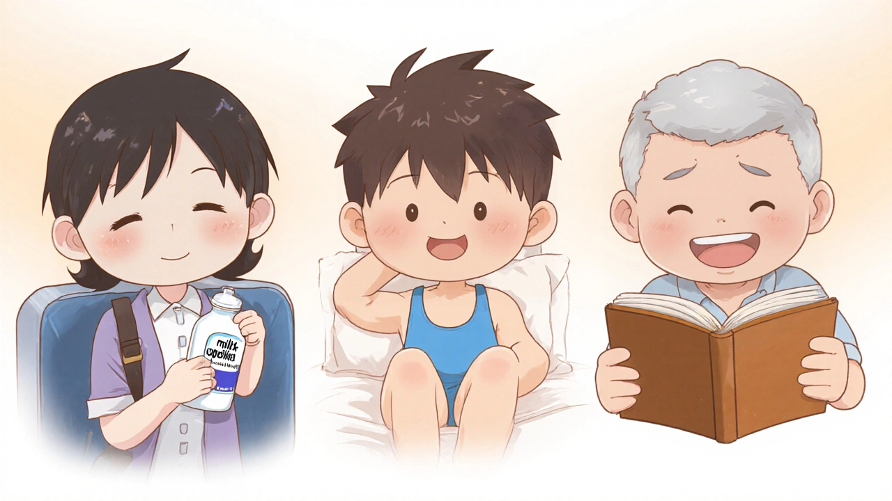Chibi traveler, athlete, and senior each with a bottle of milk of magnesia.
