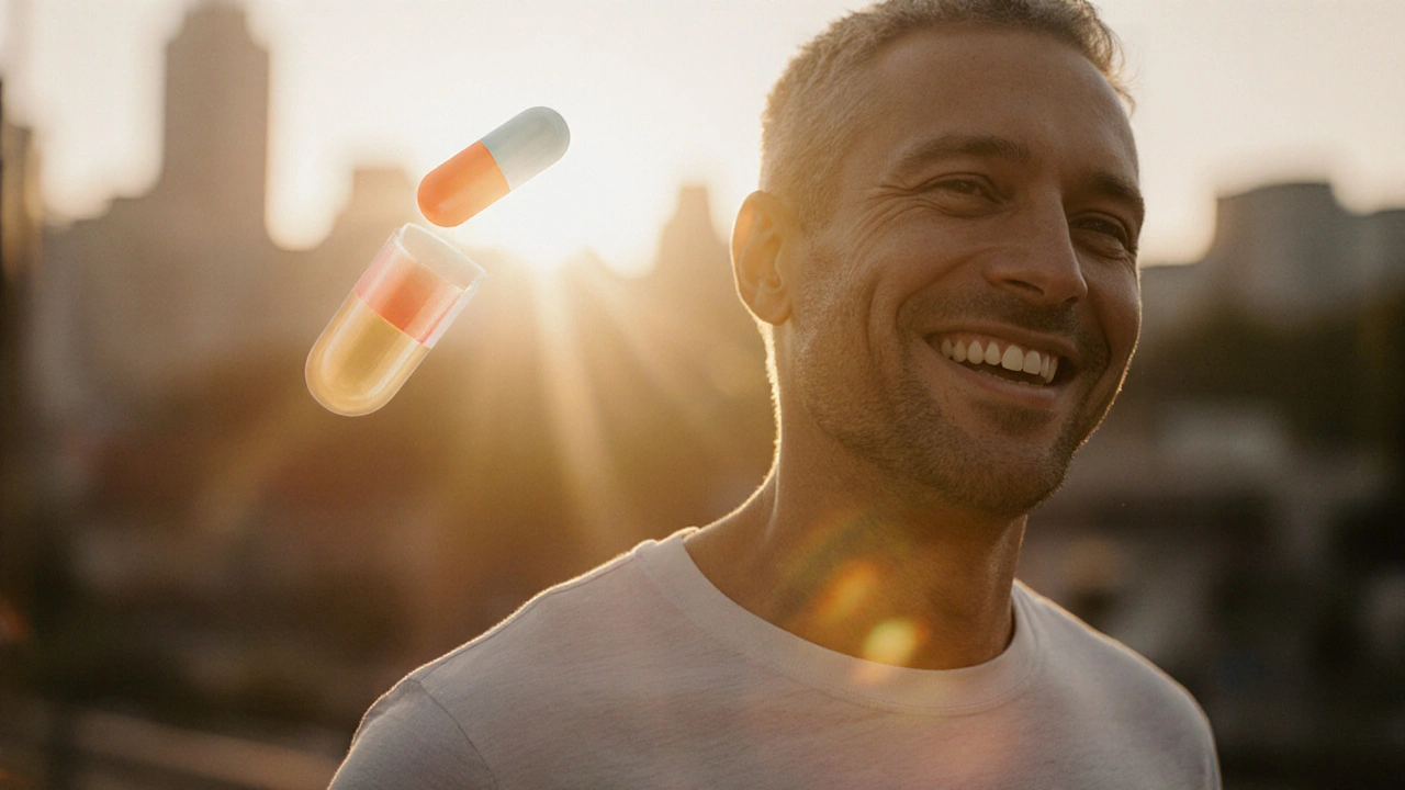 Confident adult walking at sunrise, with a faint pill capsule merging into light rays.