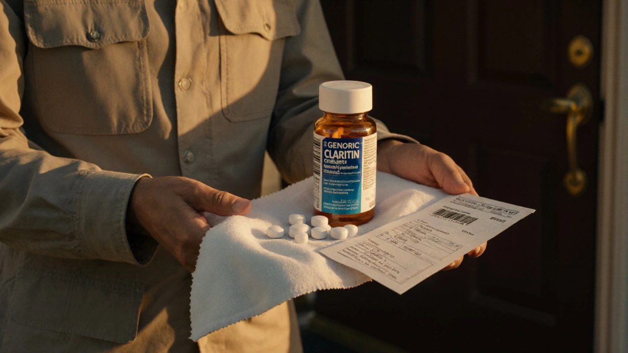 Courier delivers a parcel with opened Claritin bottle and receipt on a doorstep.