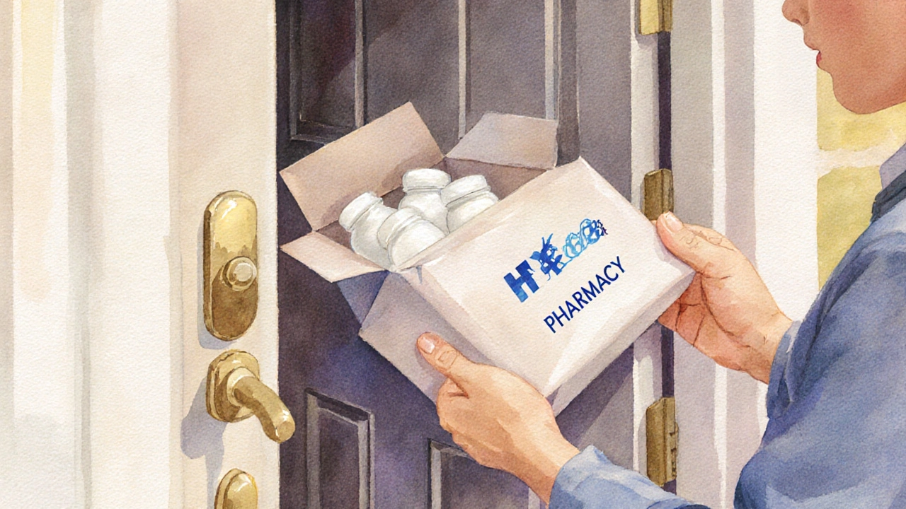 Delivery person hands a parcel with pill bottles to a homeowner at the door.