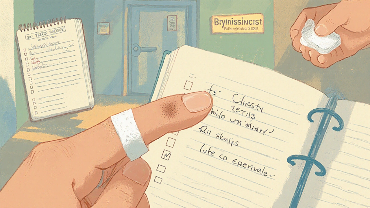 Digital painting of a person treating a wart, tracking progress, and a subtle hint of a dermatologist office.