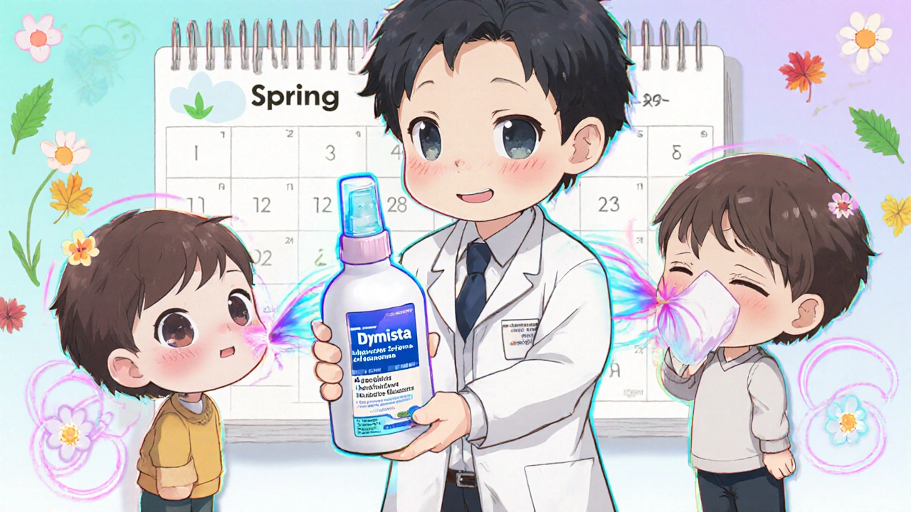 Doctor holding combo nasal spray as two patients receive relief with colorful energy waves.