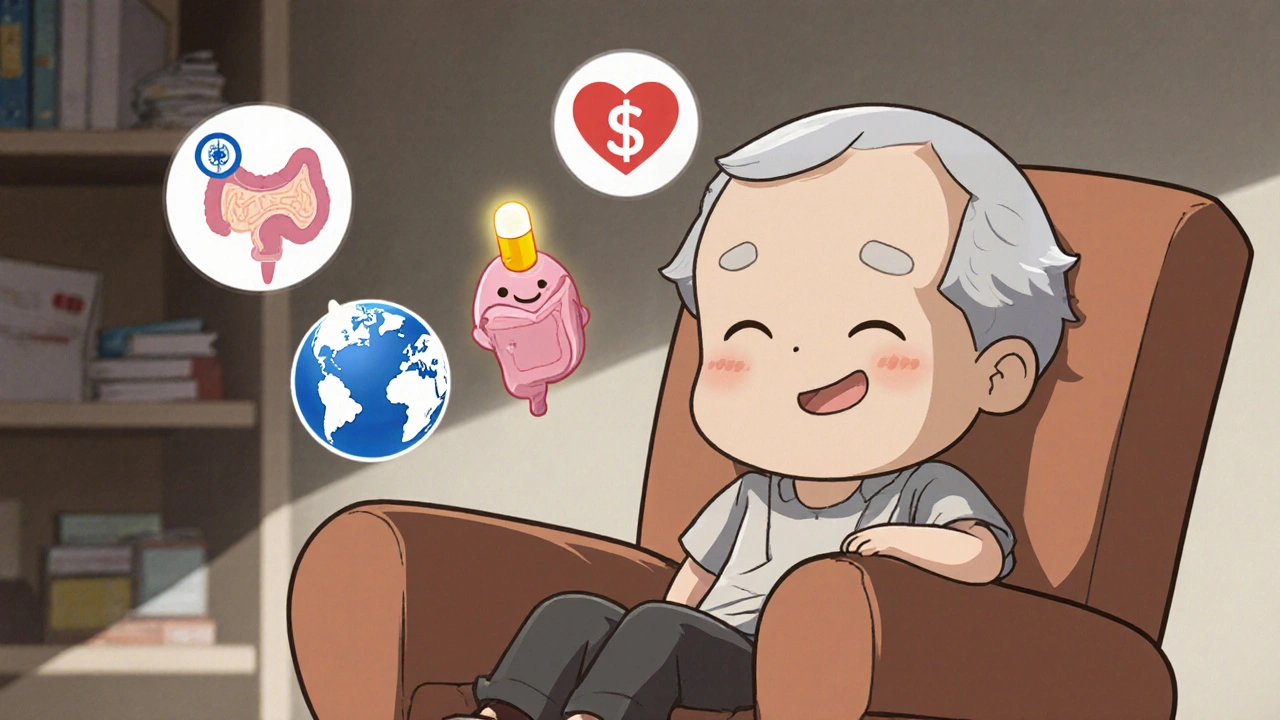 Elderly person with glowing bethanechol pill and happy bladder icon in cozy setting.
