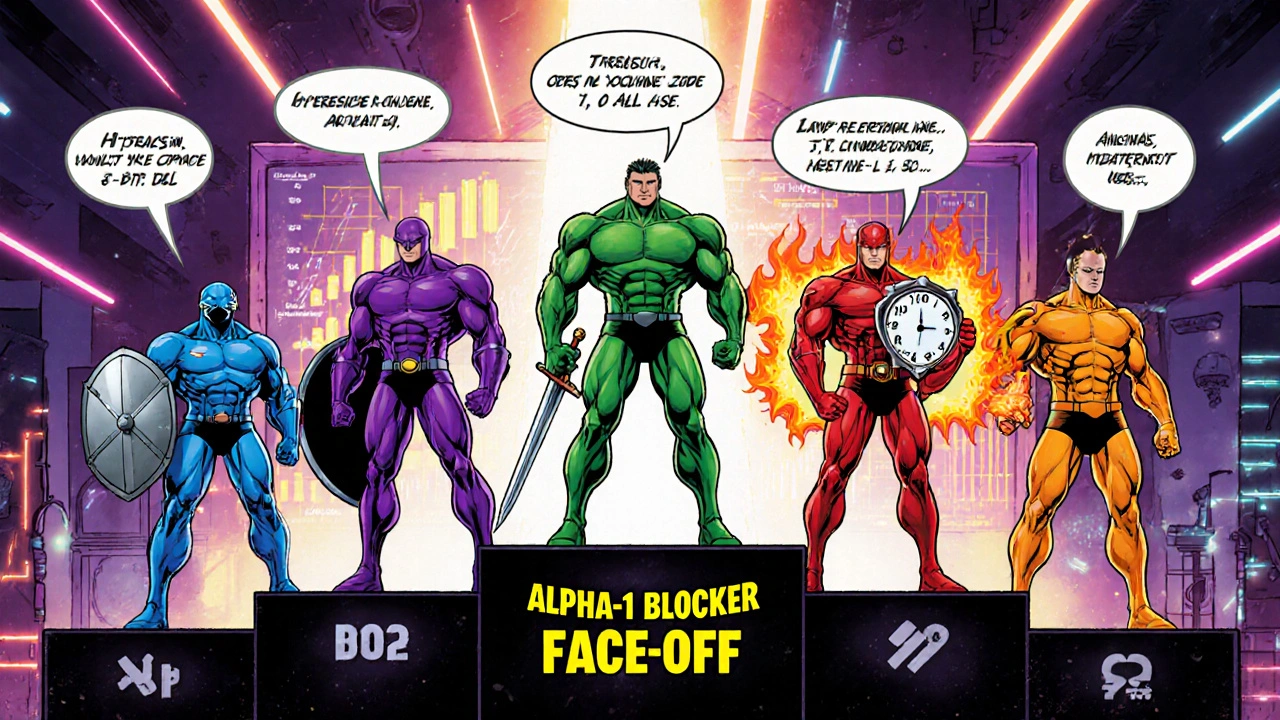 Five drug heroes in armor display their uses, doses, half‑lives, and side effects in a comic showdown.
