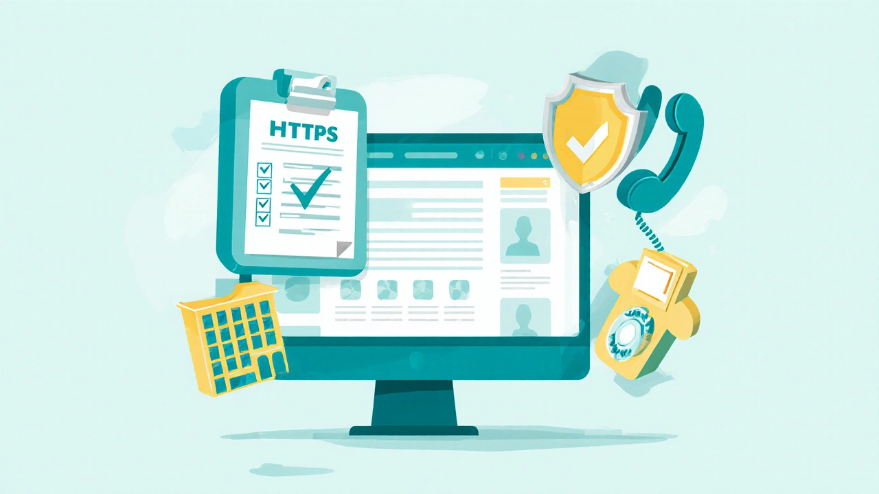 Flat illustration of a computer surrounded by icons for license, address, security, and phone.