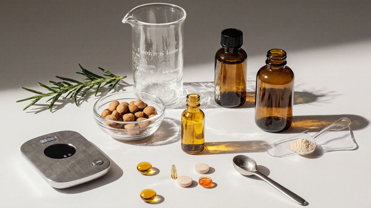 Flat‑lay of biotin, saw palmetto, vitamin D, iron, zinc, pumpkin seed oil, and collagen.