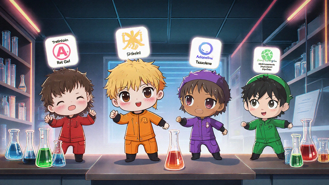 Four chibi characters representing different retinoids pose heroically in a lab with icons of their benefits.