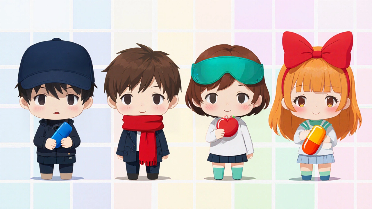 Four chibi figures each holding a distinct colored pill, arranged like a comparison grid.