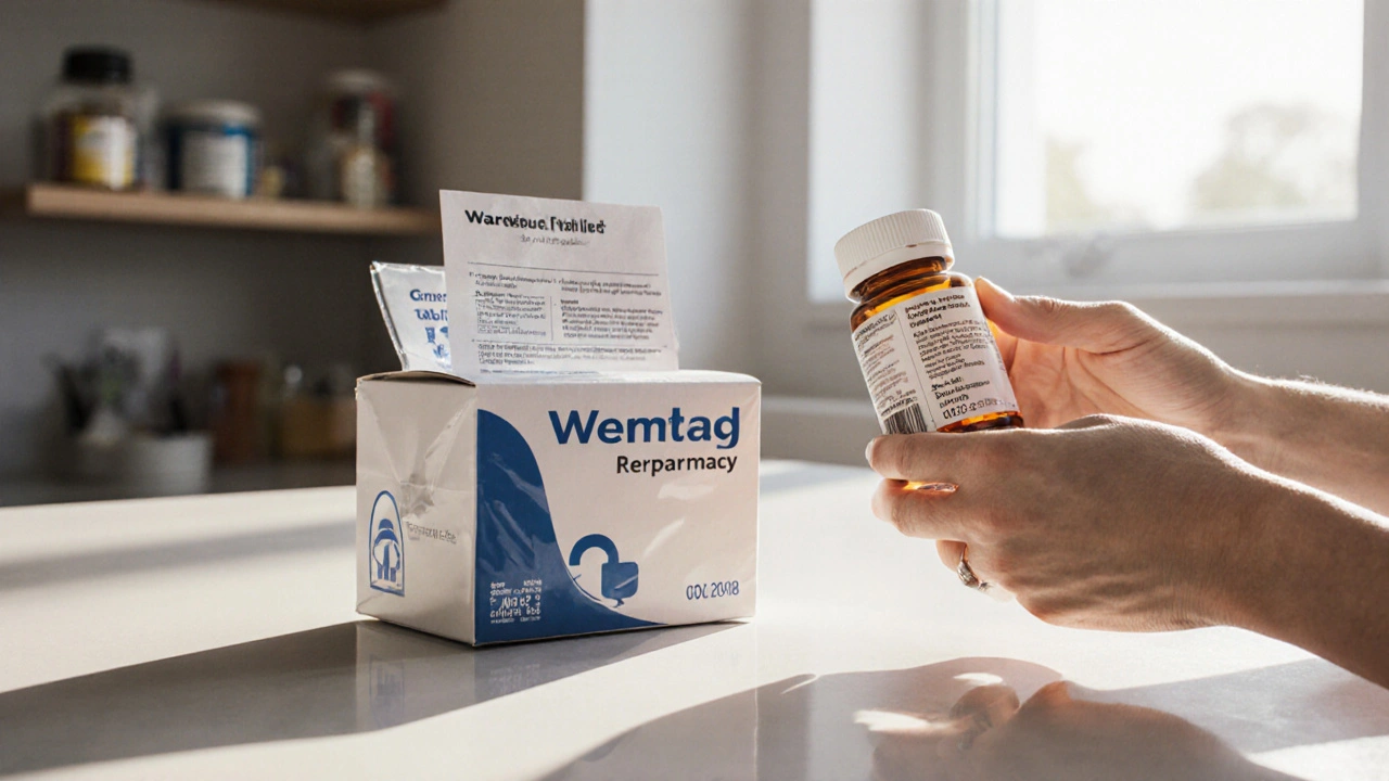 Hand holding warfarin tablet bottle, checking label and leaflet after delivery.
