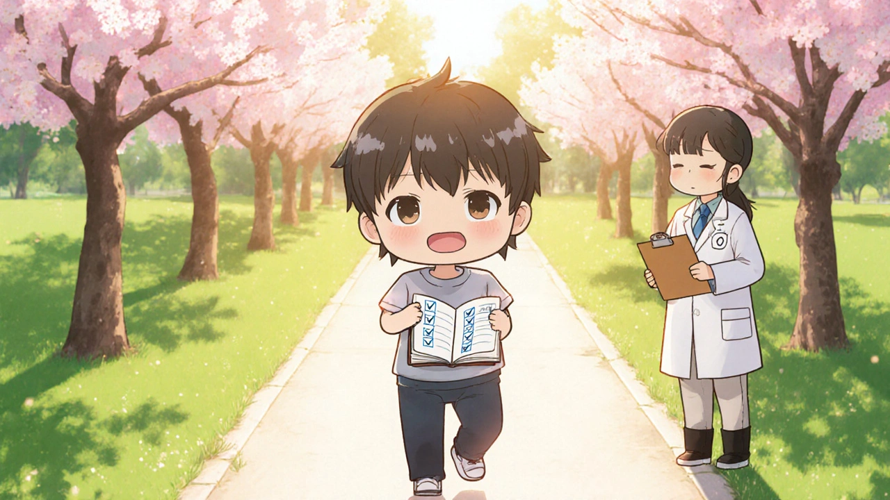 Happy chibi patient walks in a sunny park with a doctor, indicating recovery.