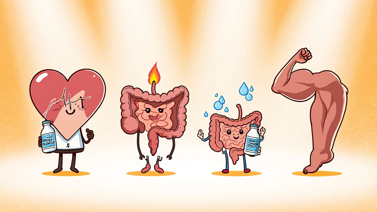 Happy organ characters holding milk of magnesia, feeling relief.