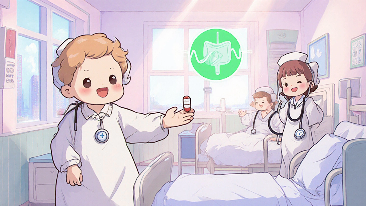 Happy patient receiving bethanechol pill as their bladder contracts in cartoon style.