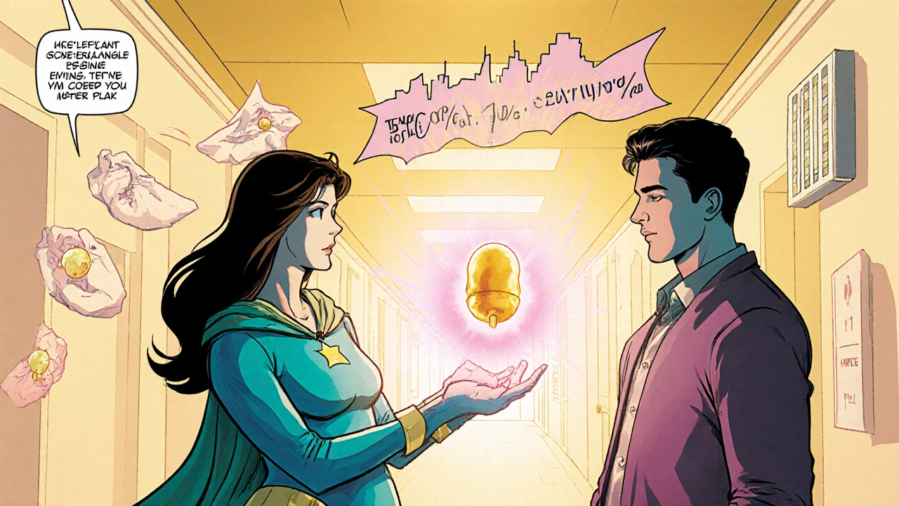 Hero delivering a glowing embryo to a hopeful couple in a triumphant clinic scene.