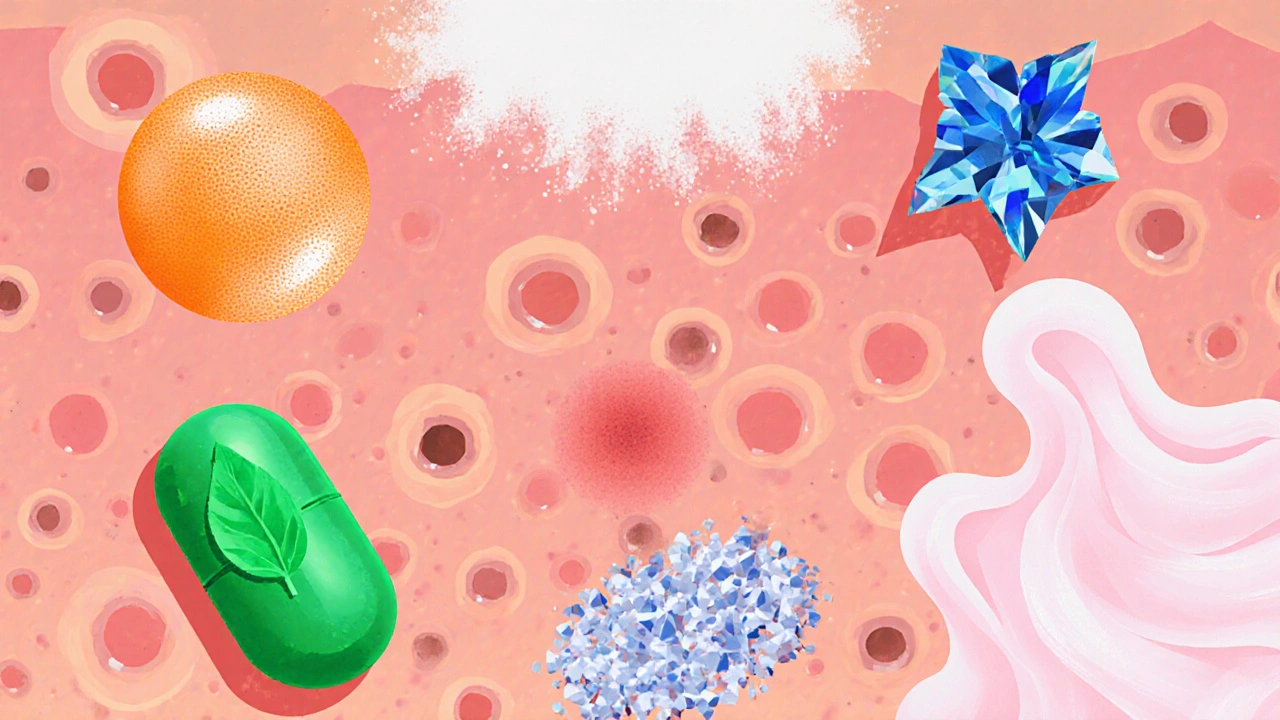 Illustrated collage of various acne treatment products surrounding a skin cross‑section.