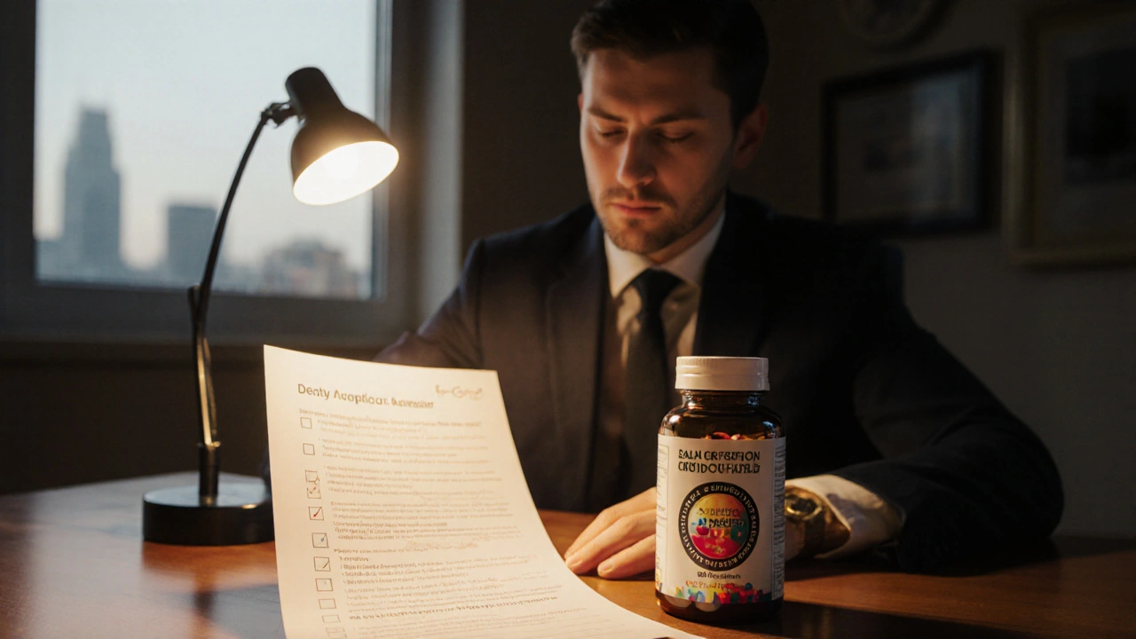 Individual reviews blood test results and a supplement bottle with a checklist on a desk.