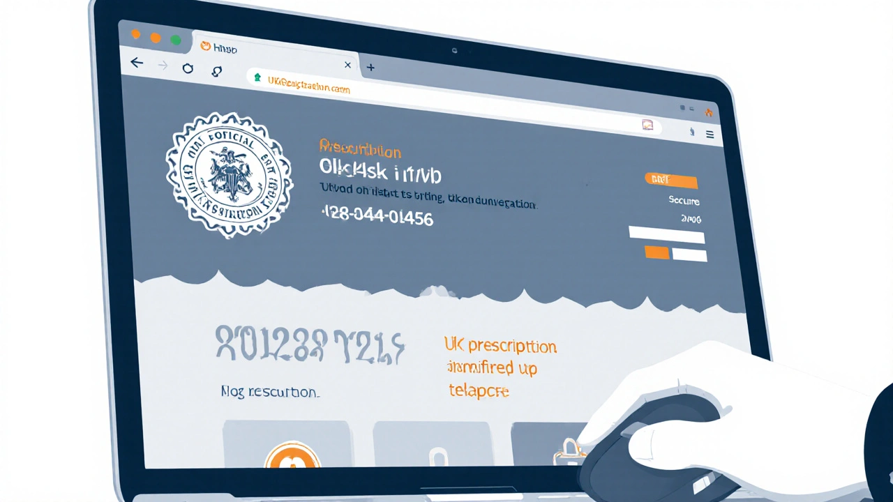 Laptop screen showing pharmacy verification seals and prescription upload prompt.