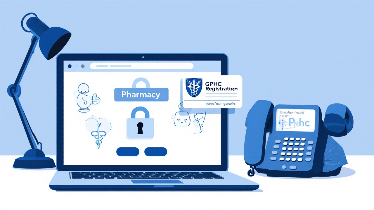 Laptop screen shows secure pharmacy website with padlock icon and blurred licence details.