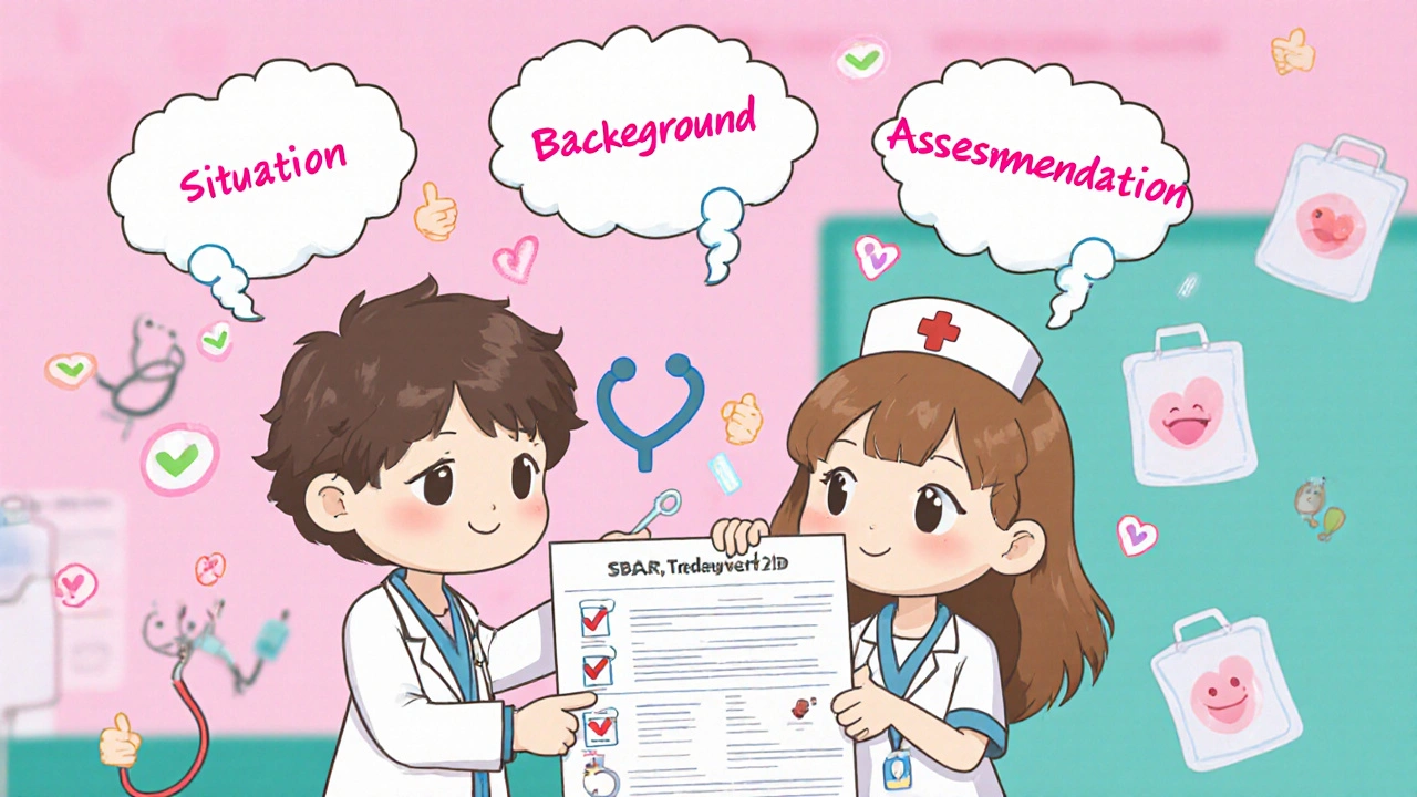 Nurse and pharmacist using SBAR speech bubbles in a friendly hospital scene with checkmarks and emojis.