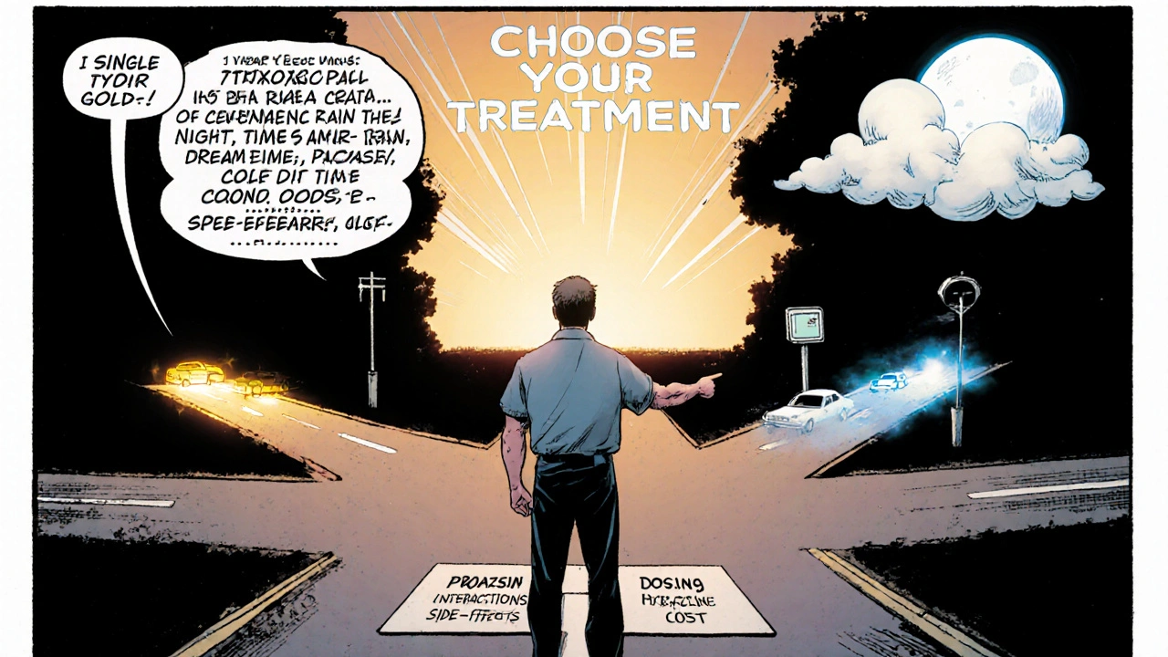 Patient at a crossroads choosing between Prazosin, long‑acting blockers, and Hydralazine, guided by a doctor.