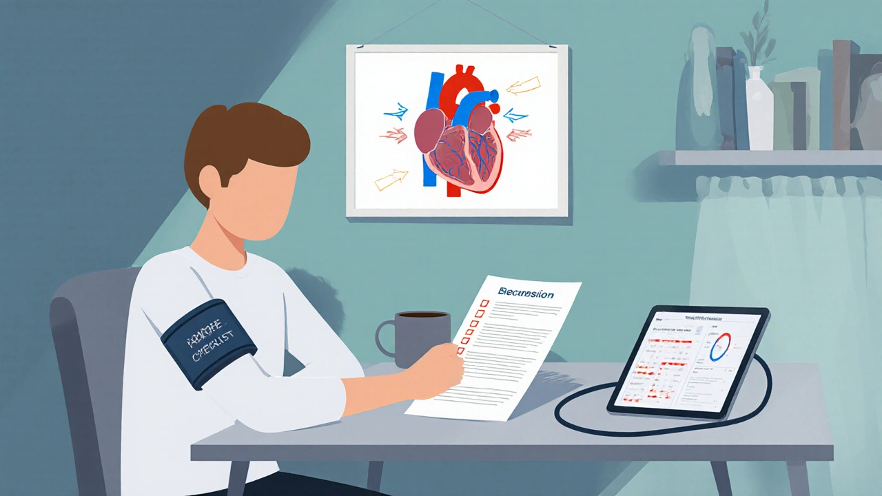Person at kitchen table reviewing medication checklist beside blood‑pressure cuff and tablet.