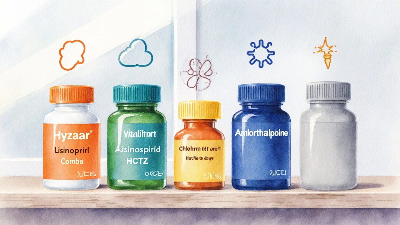 Pharmacy shelf showing Hyzaar, Lisinopril+HCTZ, Amlodipine, and Chlorthalidone bottles with side‑effect icons.