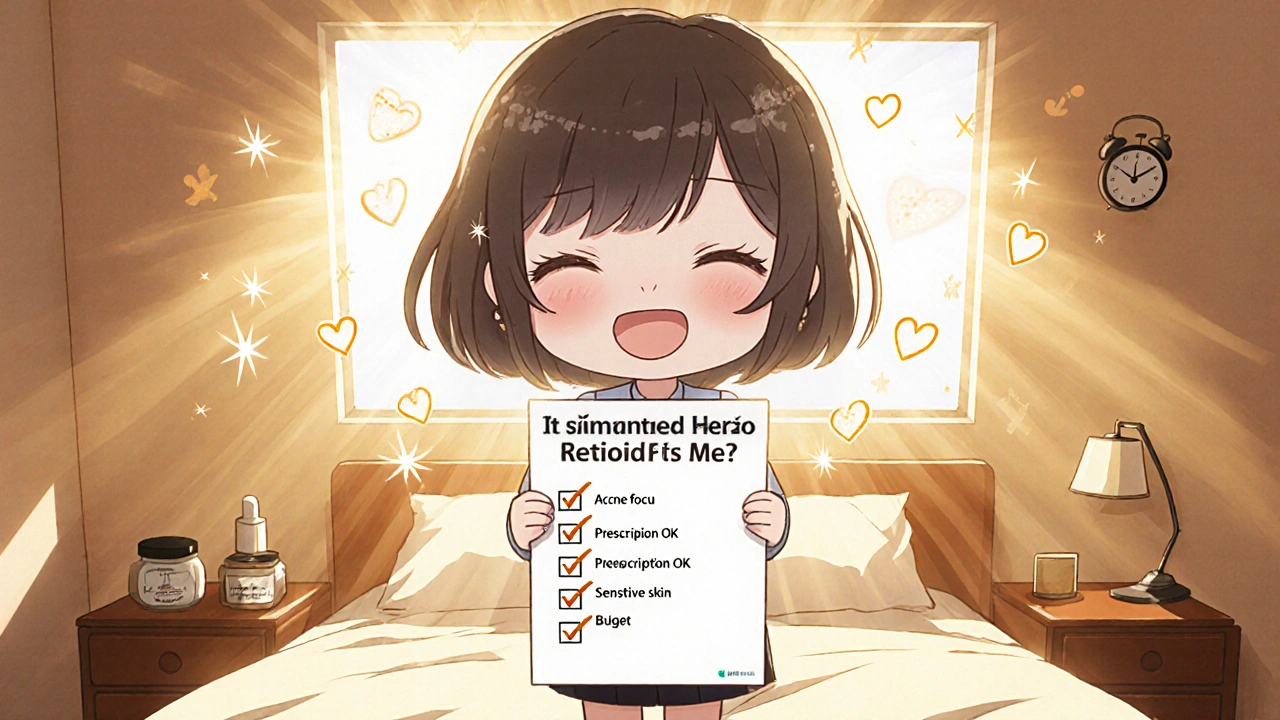 Smiling chibi person with a retinoid checklist, moisturizer, sunscreen, and sunny window background.