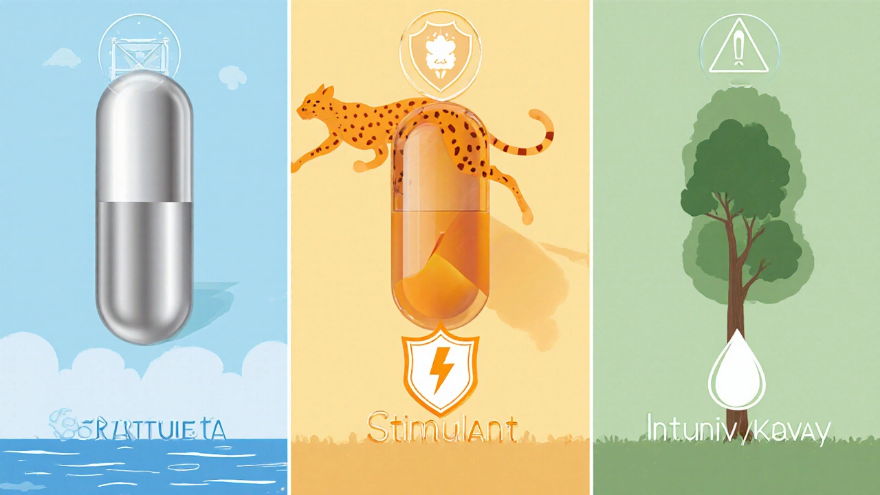 Split‑screen illustration comparing Strattera, stimulant, and non‑stimulant pills with visual symbols.