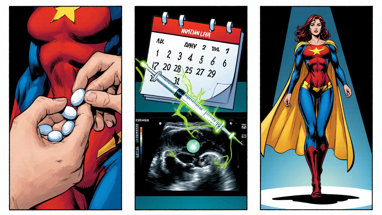 Three comic panels showing clomiphene protocols with pills, syringes, and ultrasounds.