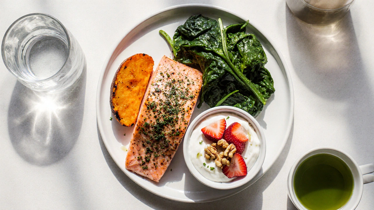 Top view of a balanced plate with salmon, sweet potato, yogurt, berries, and green tea.