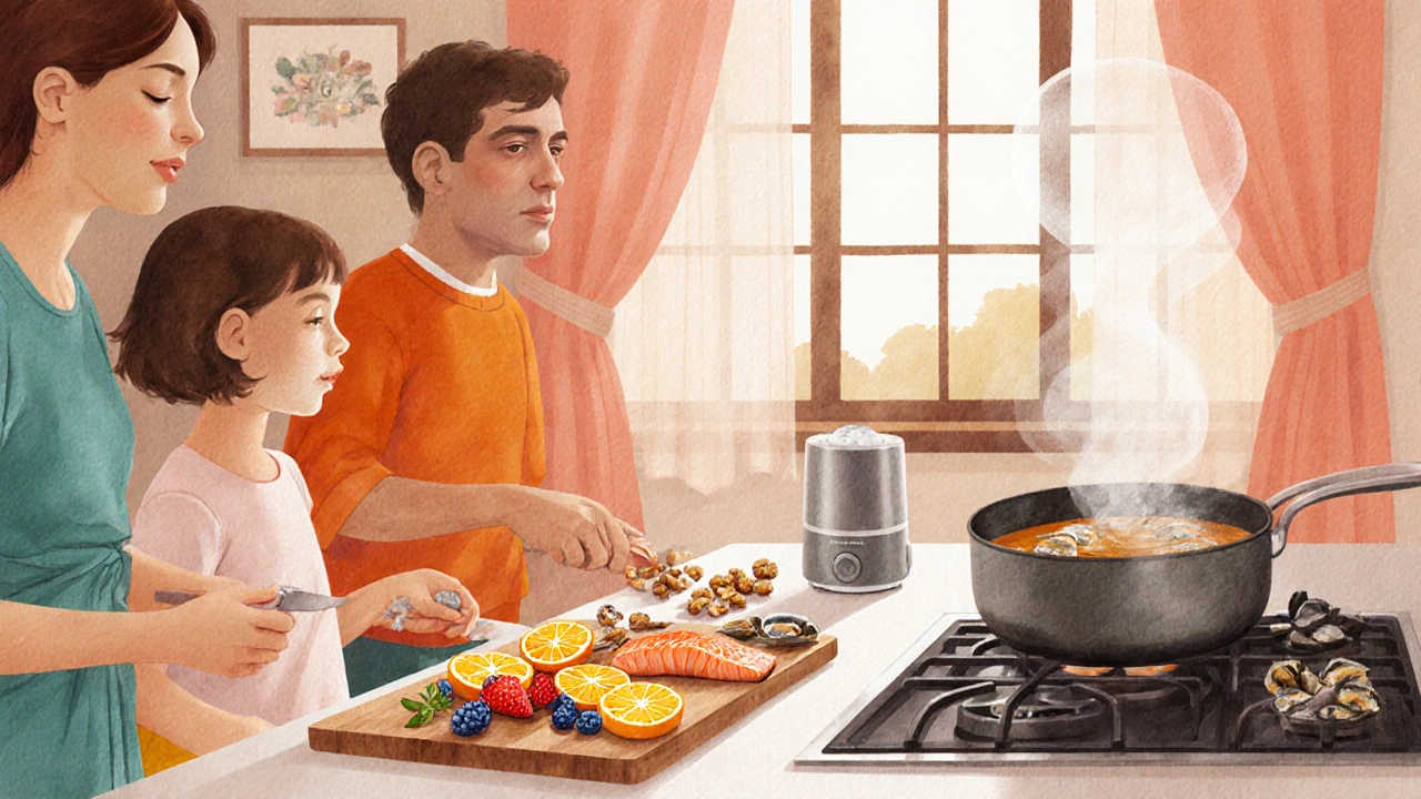 Watercolor kitchen scene of a family cooking a throat‑friendly meal with a humidifier.