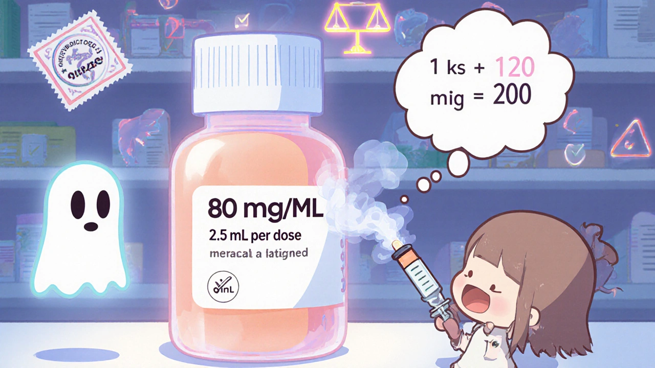 A medicine bottle shows correct dosage details while an incorrect measurement fades away, with a parent using a syringe.