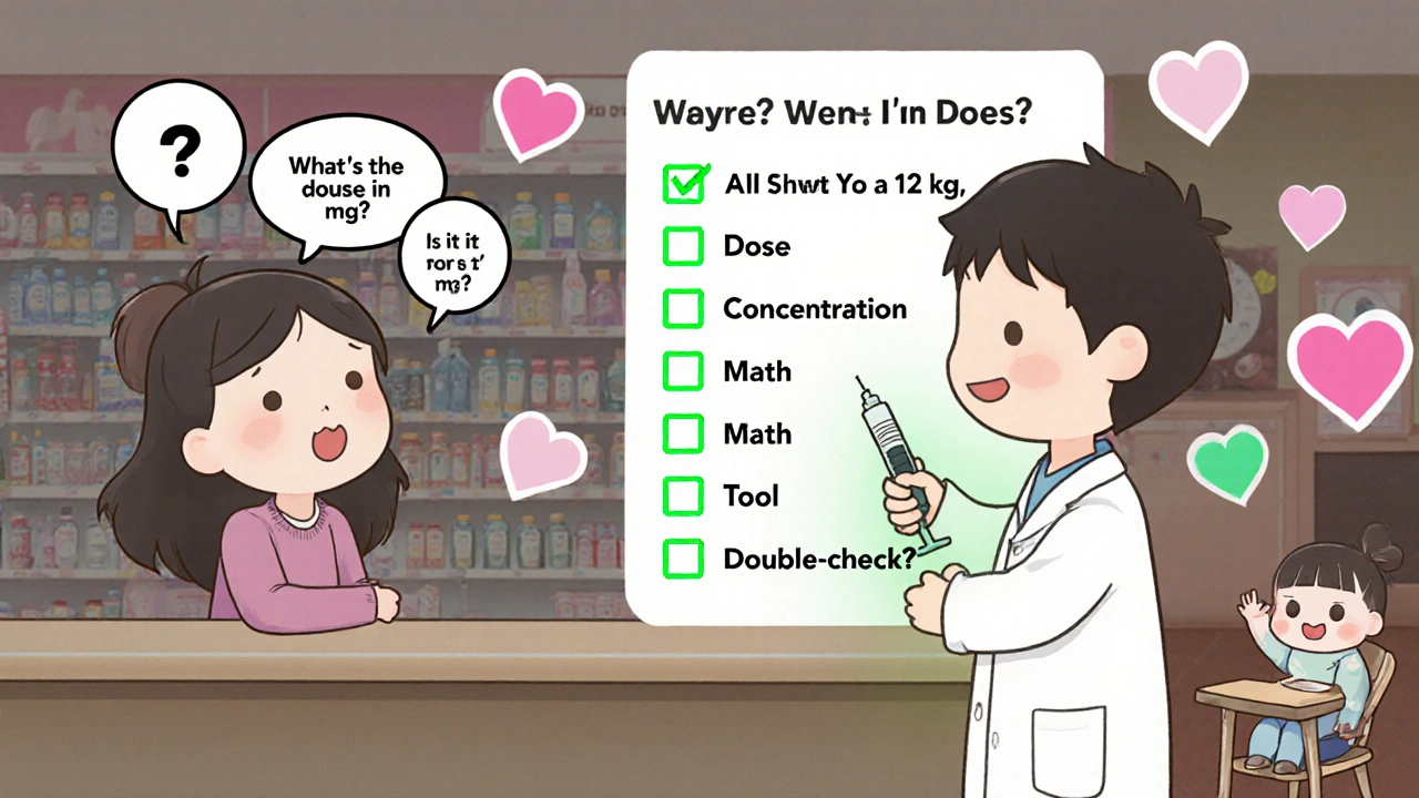 A parent asks three safety questions at the pharmacy while a glowing checklist confirms all pediatric dosing steps are complete.