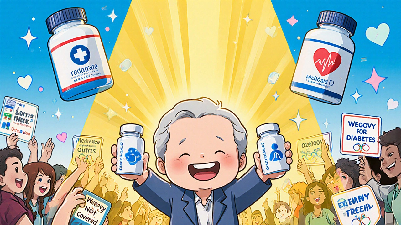 A senior celebrates access to dual-covered meds with golden light and Extra Help symbols.