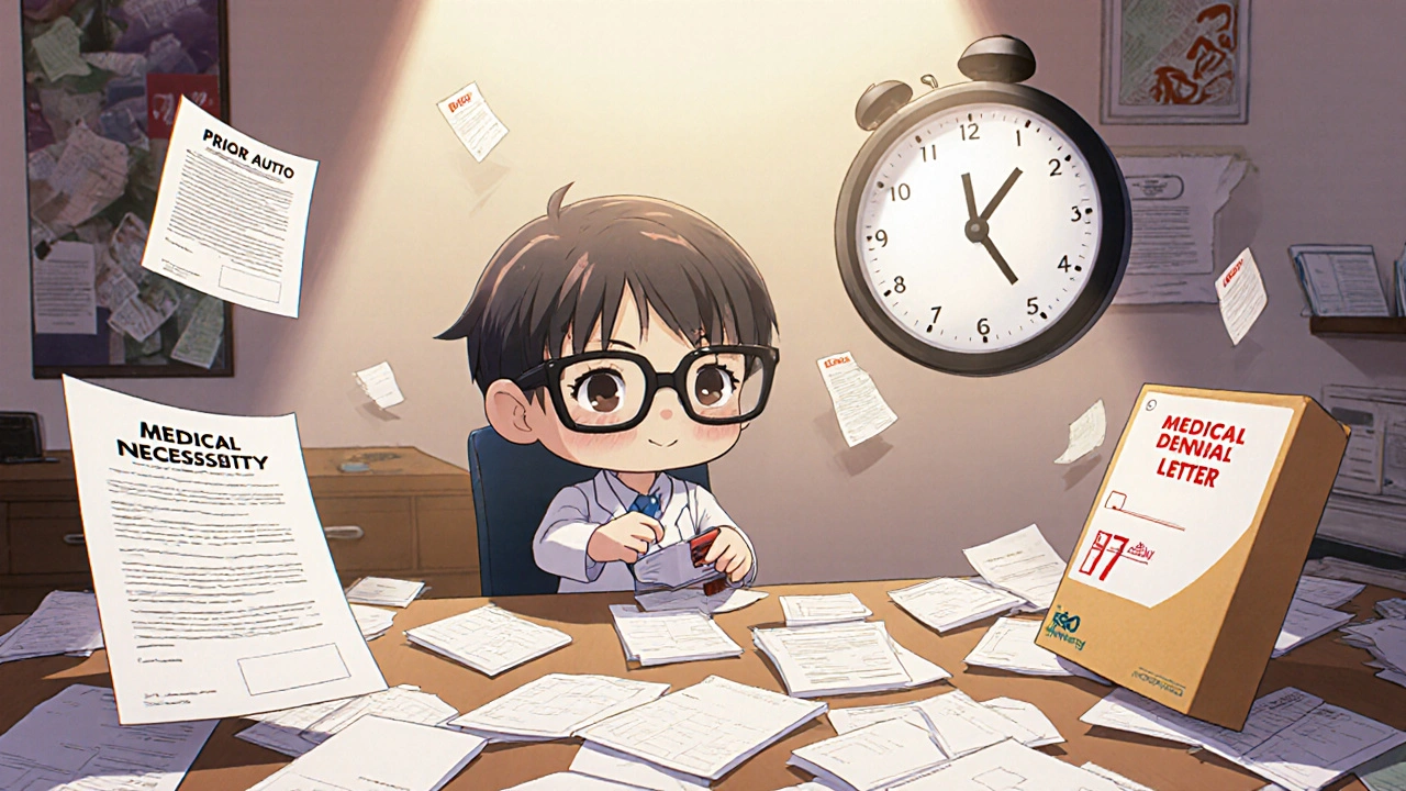 A small patient overwhelmed by paperwork for prior authorization and step therapy.