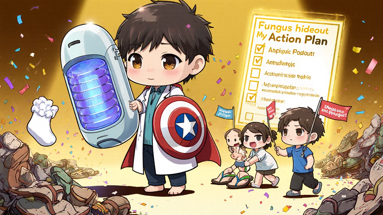 Chibi doctor using UV shoe sanitizer as a shield while patients march with clean socks and flip-flops.